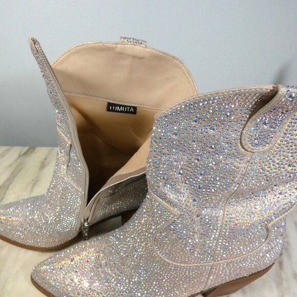 SPARKLING Western Rhinestone Cowboy Boots Block Heel Pointed Toe 10.5 - Picture 10 of 16